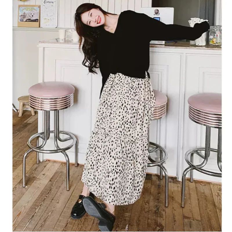 【即納】Vネックトップス×ダルメシアンスカートドッキングワンピース