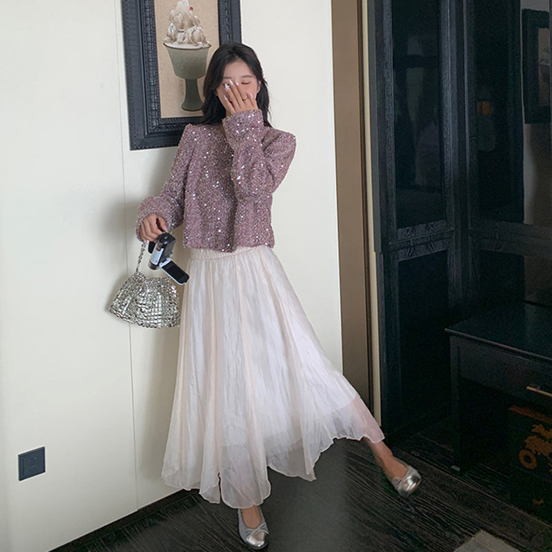 ラメ入りツイード風ショート丈トップス