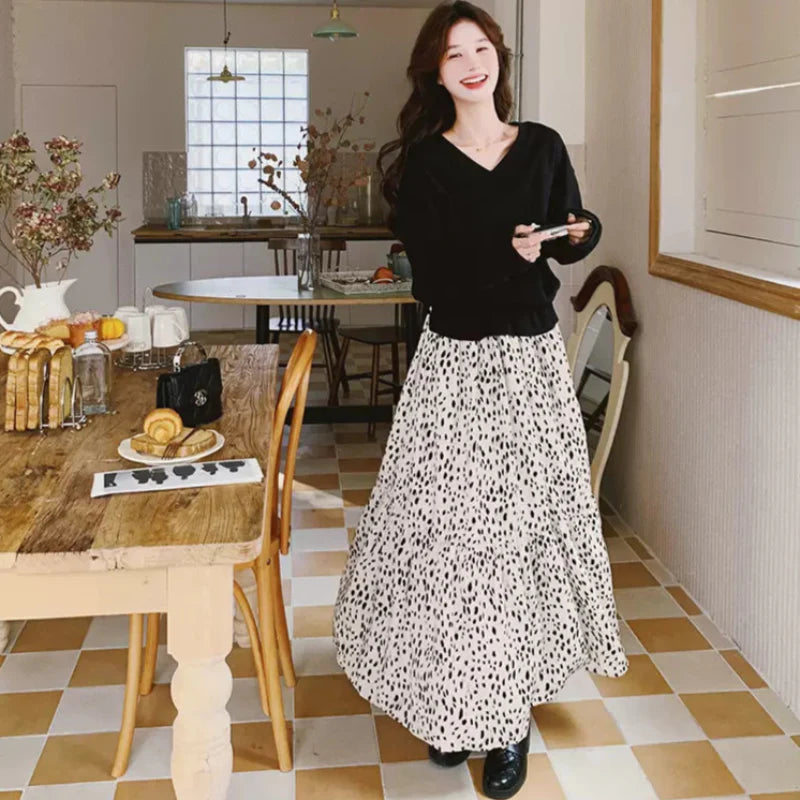 【即納】Vネックトップス×ダルメシアンスカートドッキングワンピース