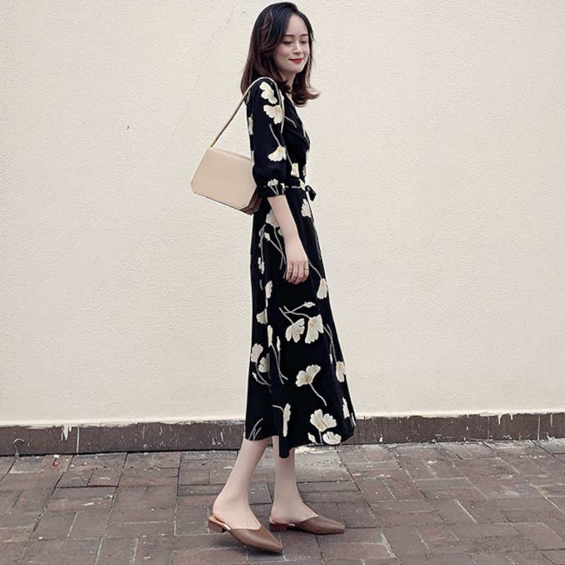 【即納】モダンフラワープリントカシュクールワンピース