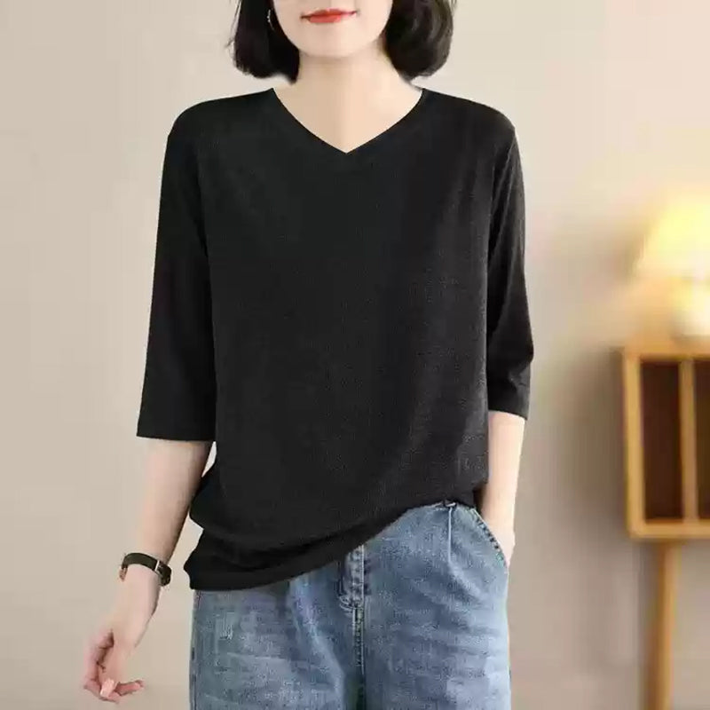 5colorsVネック五分袖ニットトップス