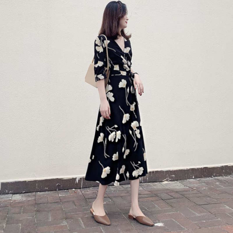 【即納】モダンフラワープリントカシュクールワンピース