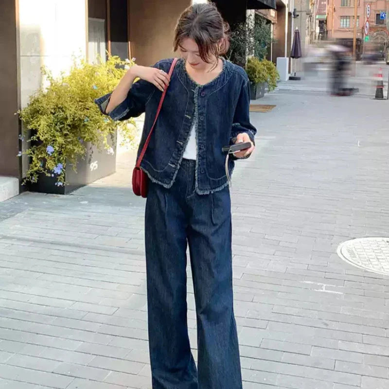 【即納】タッセルデニムジャケット×ワイドパンツセットアップ