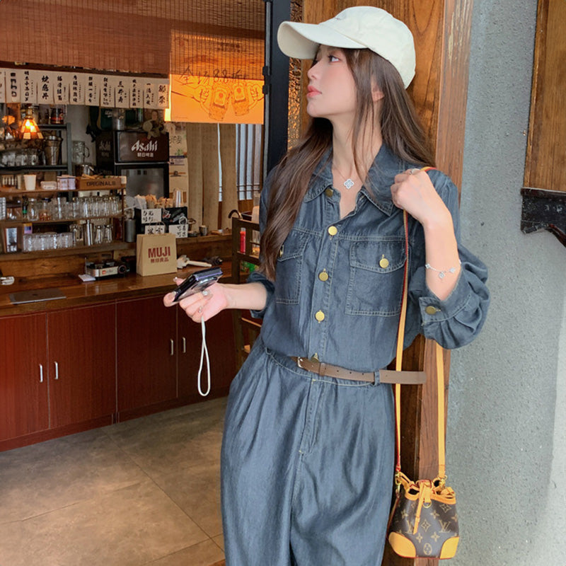 【即納】ベルト付きデニムオールインワン