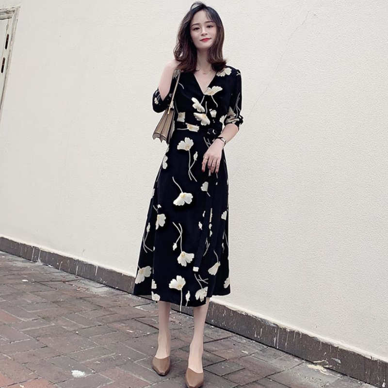 【即納】モダンフラワープリントカシュクールワンピース