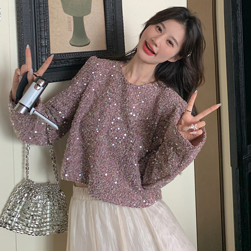 ラメ入りツイード風ショート丈トップス