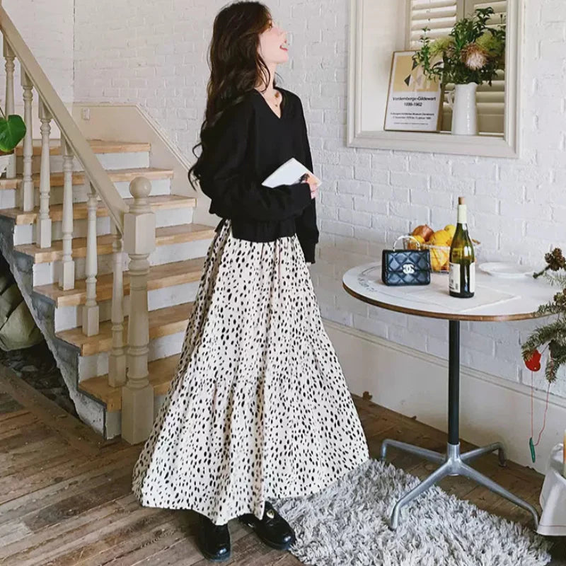 【即納】Vネックトップス×ダルメシアンスカートドッキングワンピース