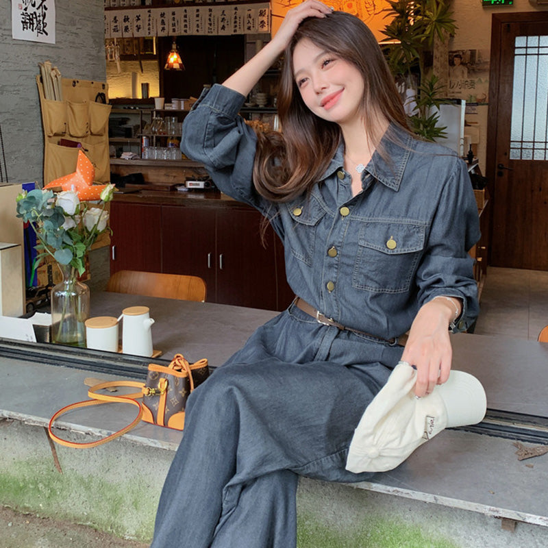 【即納】ベルト付きデニムオールインワン