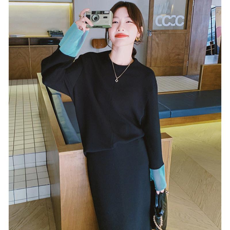 【即納】スウェットバイカラートップス×スカートセット