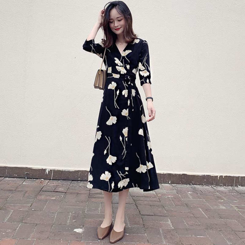 【即納】モダンフラワープリントカシュクールワンピース