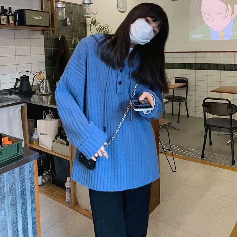 リブ編みフード付きプルオーバーニット(7colors)