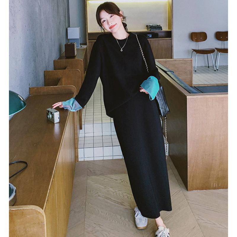 【即納】スウェットバイカラートップス×スカートセット