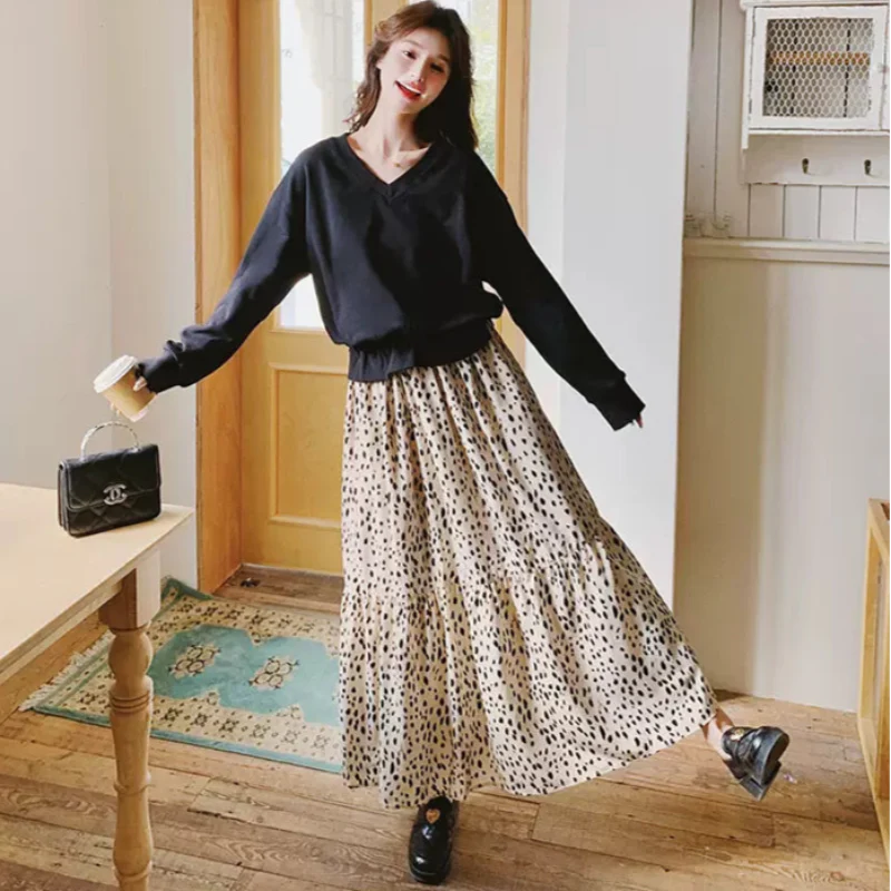 【即納】Vネックトップス×ダルメシアンスカートドッキングワンピース