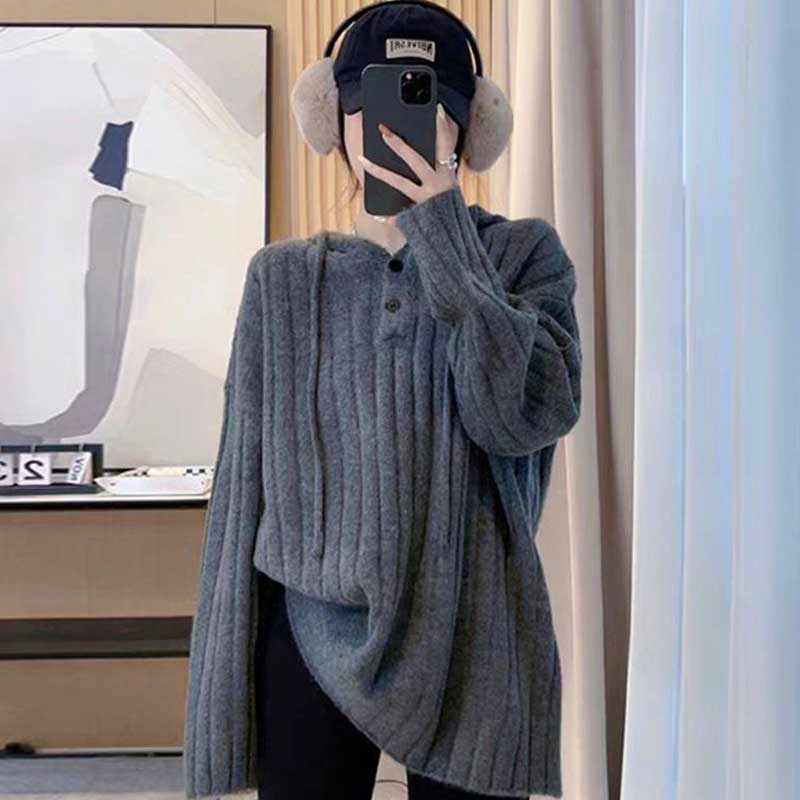 リブ編みフード付きプルオーバーニット(7colors)