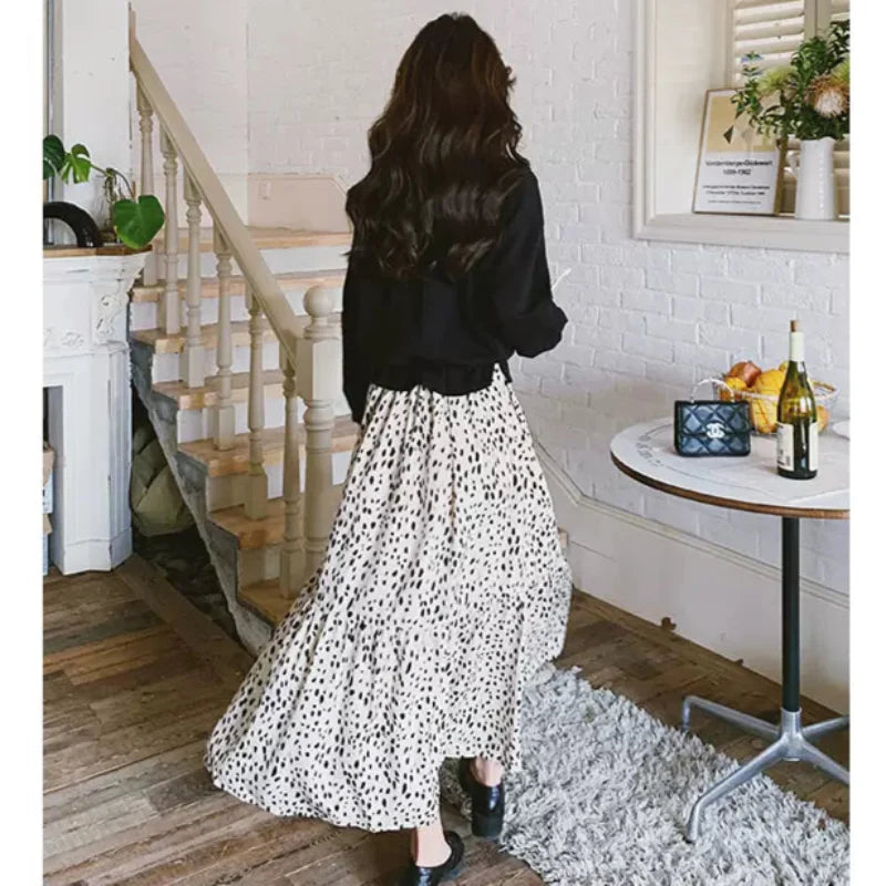 【即納】Vネックトップス×ダルメシアンスカートドッキングワンピース