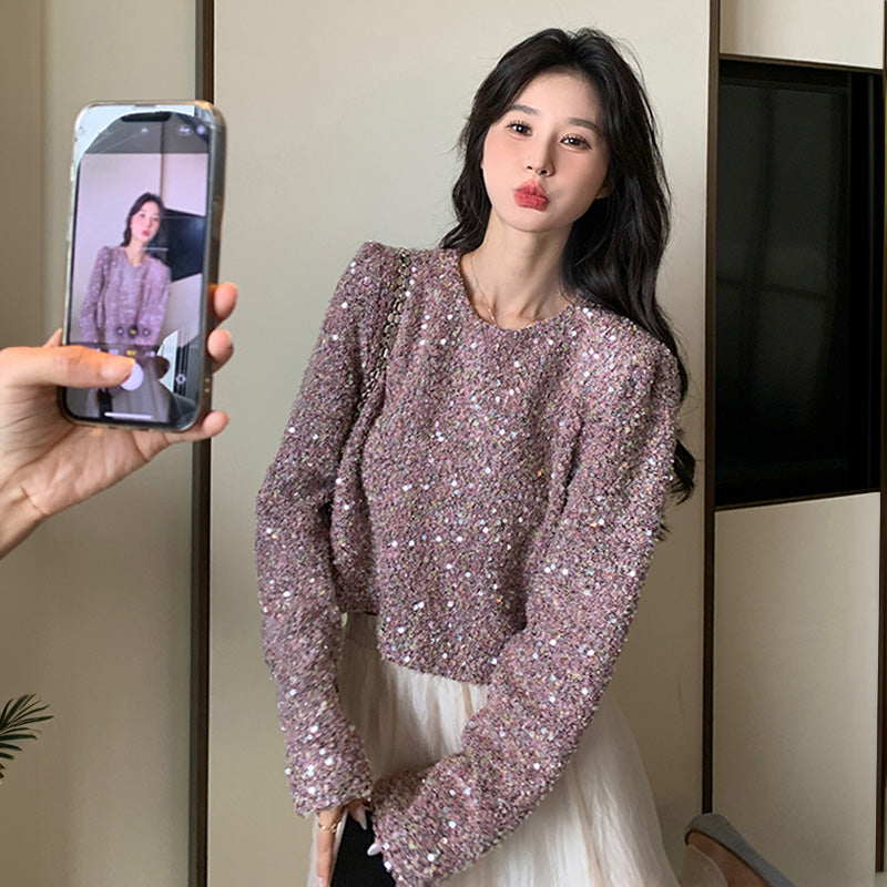 ラメ入りツイード風ショート丈トップス