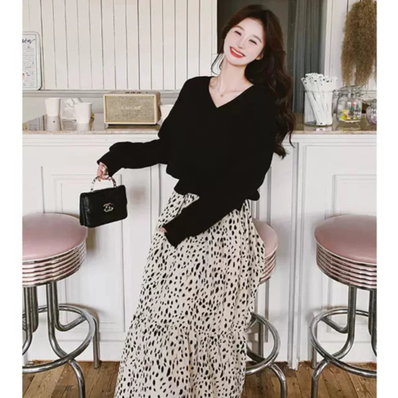 【即納】Vネックトップス×ダルメシアンスカートドッキングワンピース