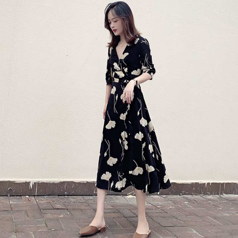 【即納】モダンフラワープリントカシュクールワンピース