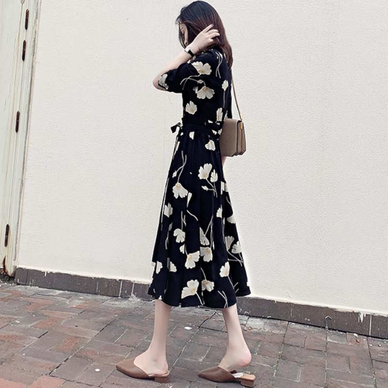 【即納】モダンフラワープリントカシュクールワンピース