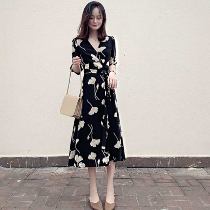 【即納】モダンフラワープリントカシュクールワンピース