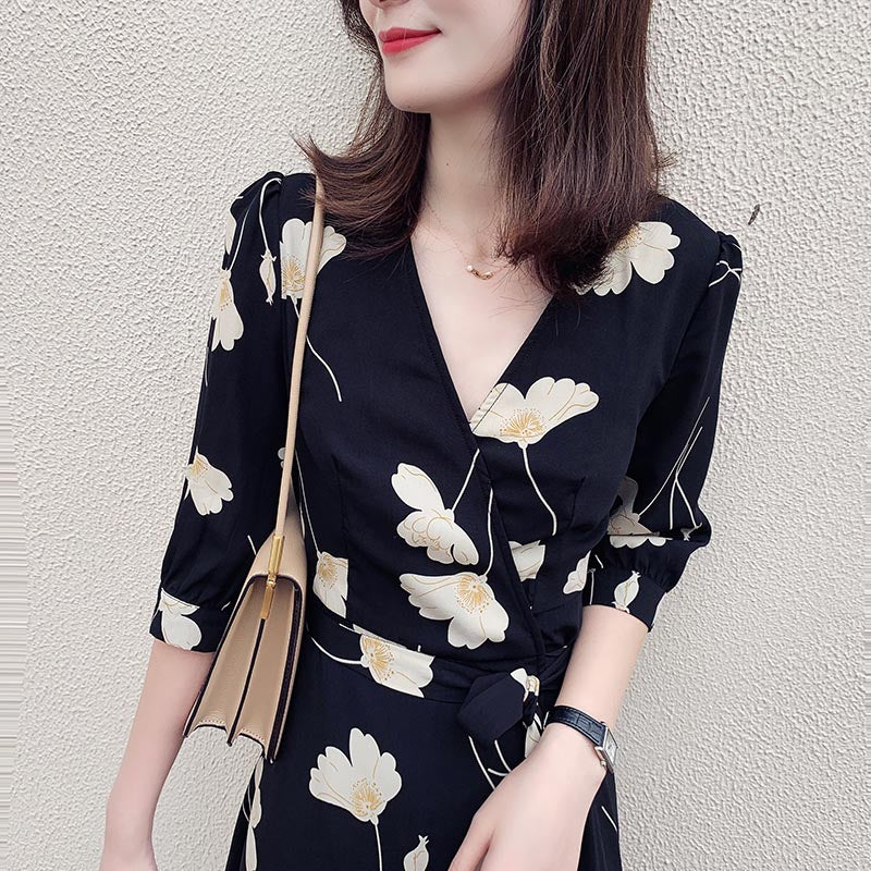 【即納】モダンフラワープリントカシュクールワンピース