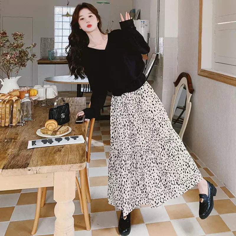 【即納】Vネックトップス×ダルメシアンスカートドッキングワンピース