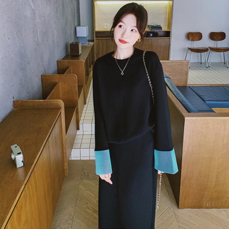 【即納】スウェットバイカラートップス×スカートセット