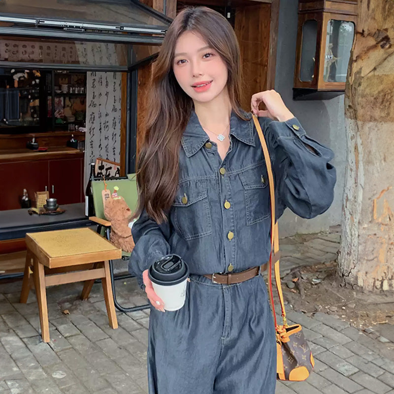 【即納】ベルト付きデニムオールインワン