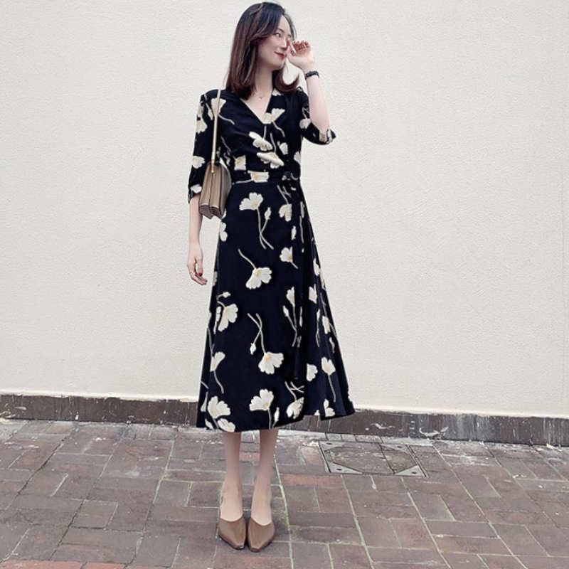 【即納】モダンフラワープリントカシュクールワンピース