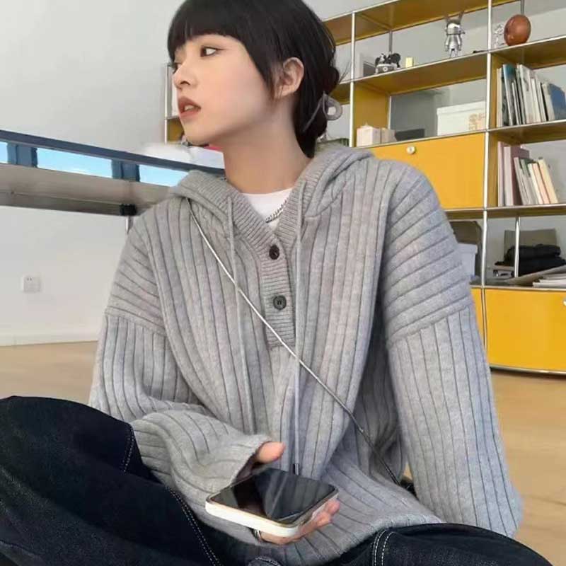 リブ編みフード付きプルオーバーニット(7colors)