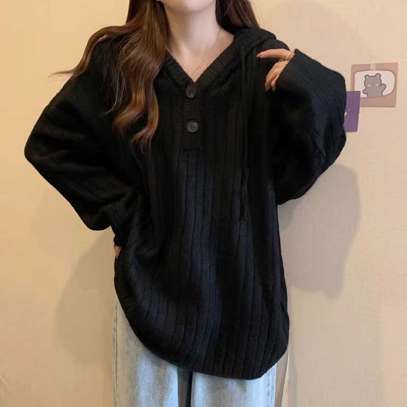 リブ編みフード付きプルオーバーニット(7colors)