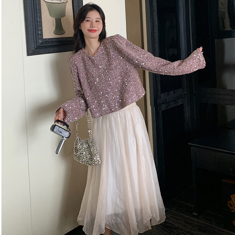 ラメ入りツイード風ショート丈トップス