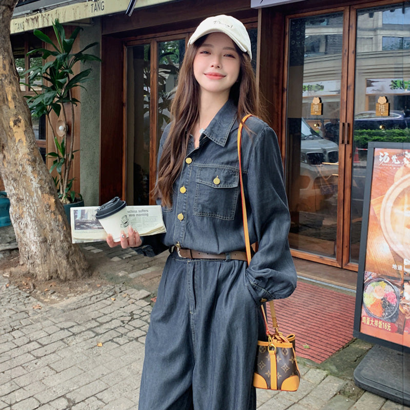 【即納】ベルト付きデニムオールインワン