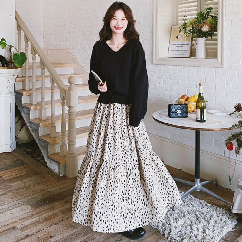 【即納】Vネックトップス×ダルメシアンスカートドッキングワンピース