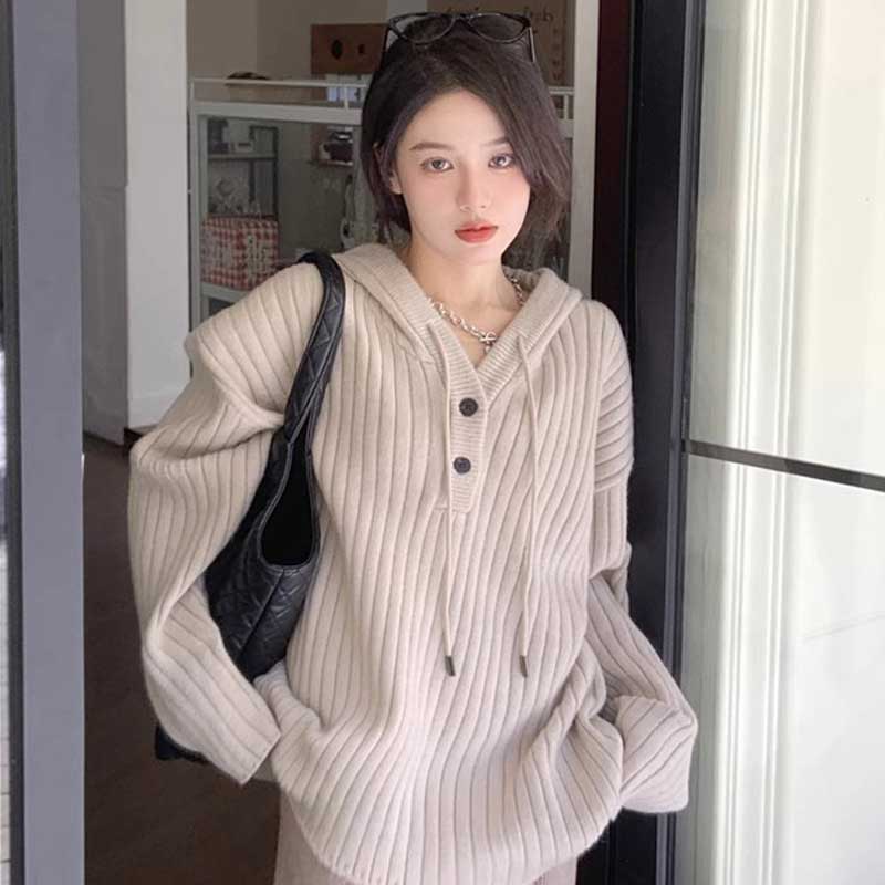 リブ編みフード付きプルオーバーニット(7colors)