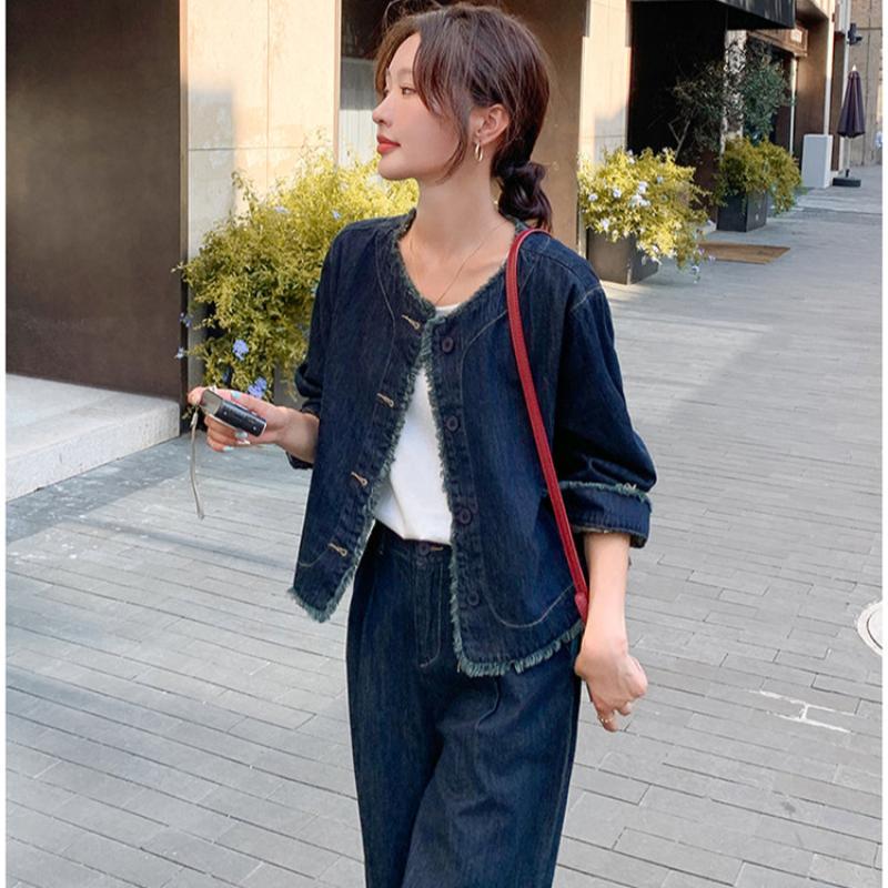 【即納】タッセルデニムジャケット×ワイドパンツセットアップ