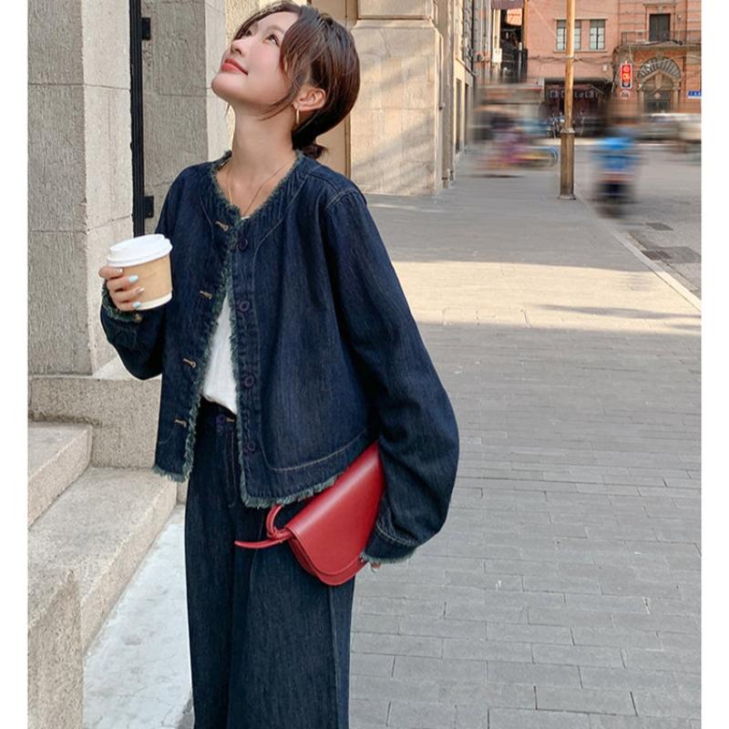 【即納】タッセルデニムジャケット×ワイドパンツセットアップ