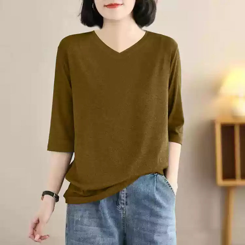 5colorsVネック五分袖ニットトップス