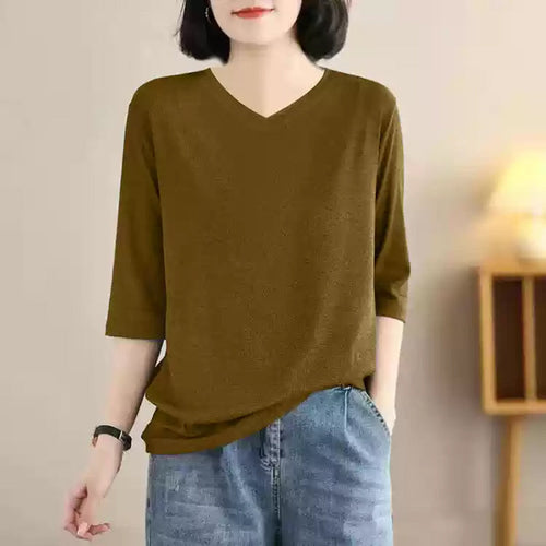 5colorsVネック五分袖ニットトップス