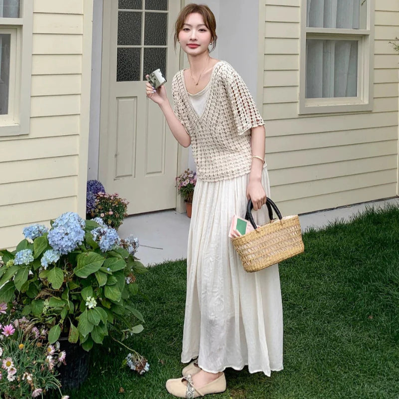 レースニット×カットソー×スカート3点セット