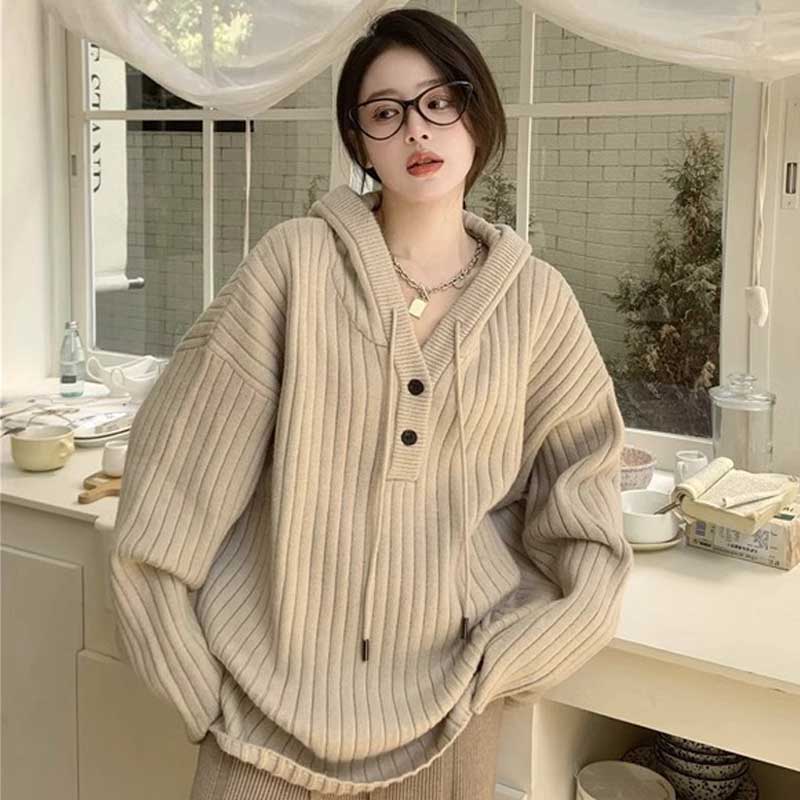 リブ編みフード付きプルオーバーニット(7colors)