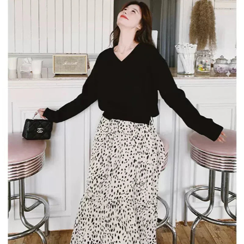 【即納】Vネックトップス×ダルメシアンスカートドッキングワンピース