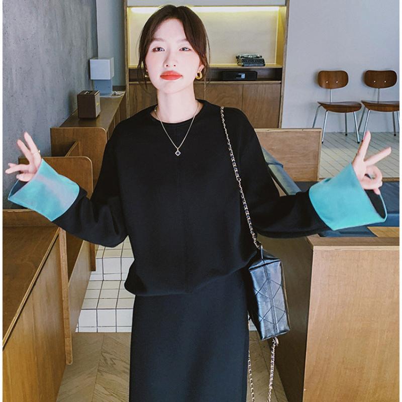 【即納】スウェットバイカラートップス×スカートセット