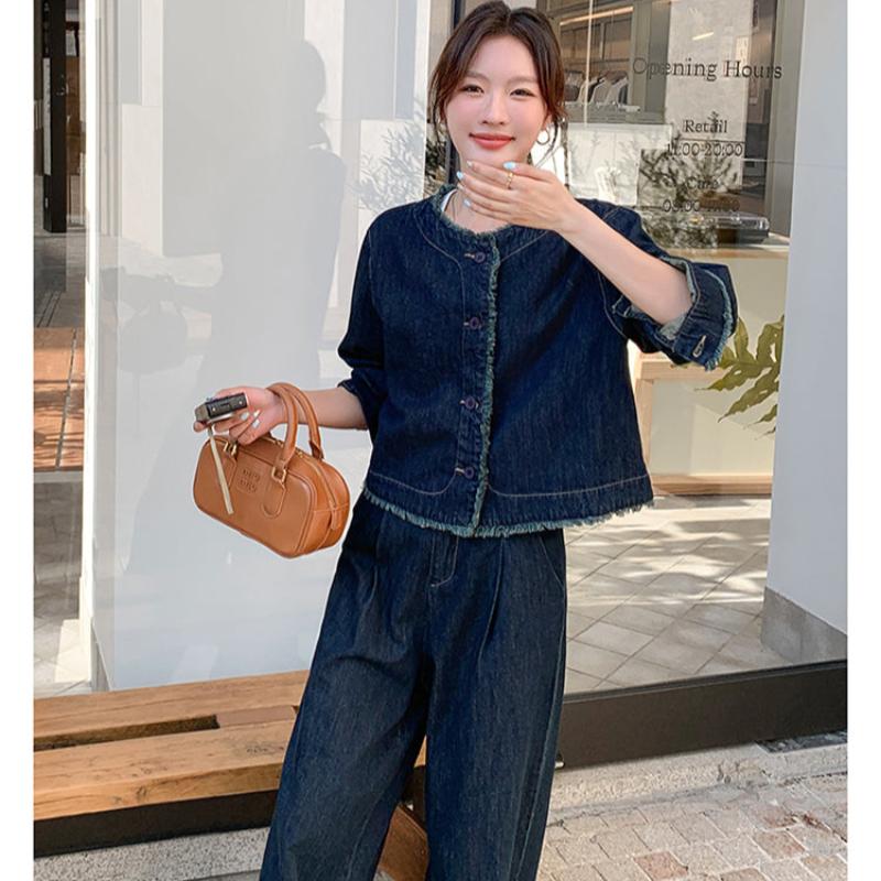 【即納】タッセルデニムジャケット×ワイドパンツセットアップ