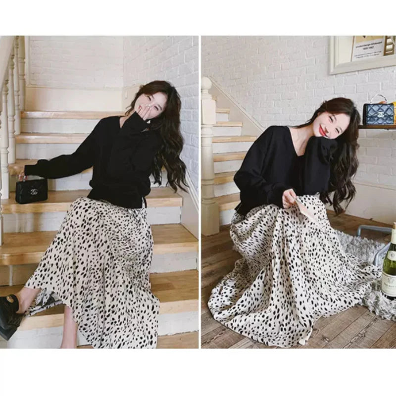 【即納】Vネックトップス×ダルメシアンスカートドッキングワンピース