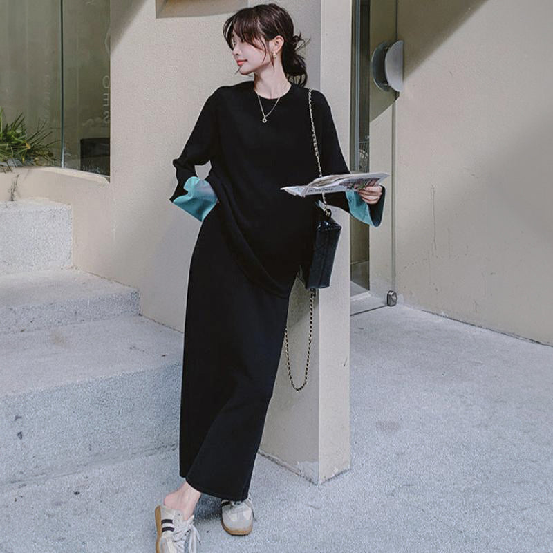 【即納】スウェットバイカラートップス×スカートセット