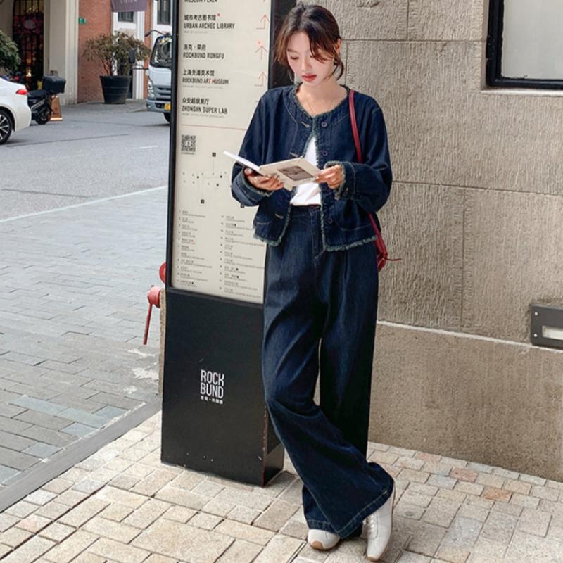 【即納】タッセルデニムジャケット×ワイドパンツセットアップ