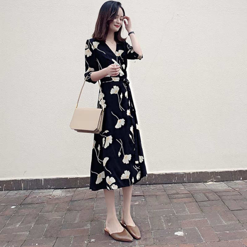 【即納】モダンフラワープリントカシュクールワンピース