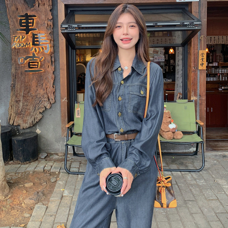 【即納】ベルト付きデニムオールインワン