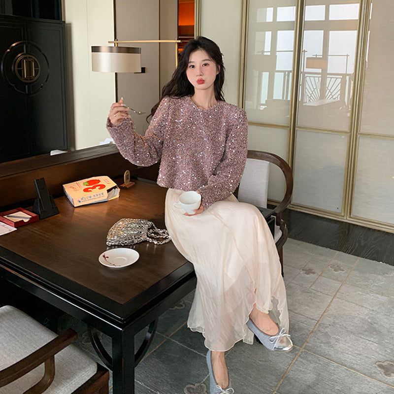 ラメ入りツイード風ショート丈トップス